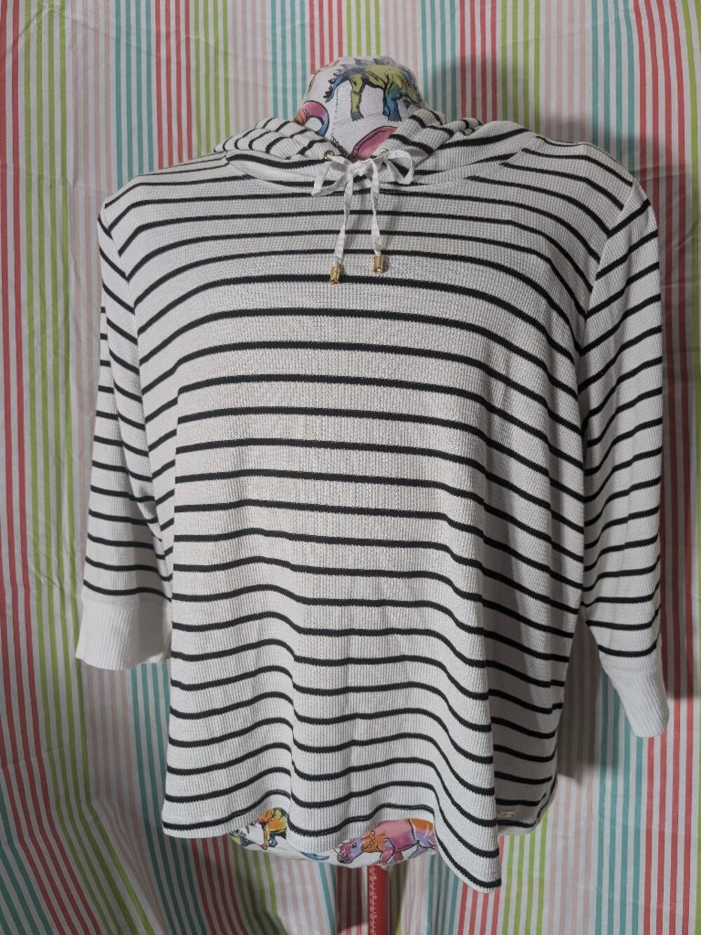Calvin Klein Striped Hooded Waffle Knit Top Women's White Black 3/4 Sleeve XXL